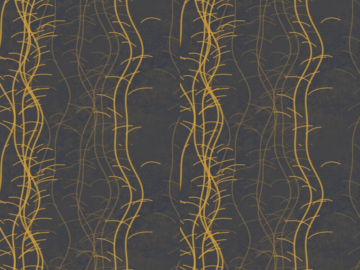 Branch veil, Atmosphere collection, seamless repeat pattern shown in Ochre on navy