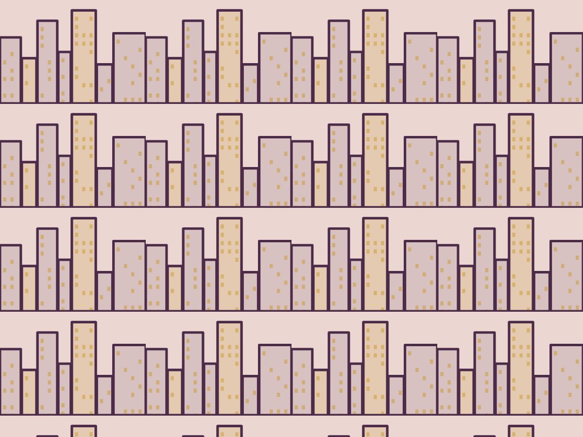 Skyline, Built Environment collection, seamless repeat pattern shown in Aubergine on blush