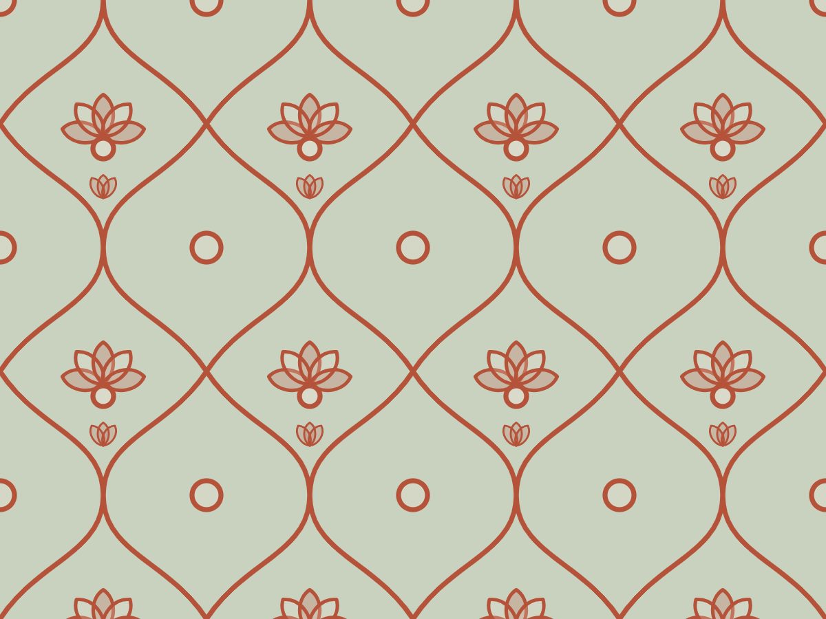 Damask, Classical collection, seamless repeat pattern shown in Terracotta on sage