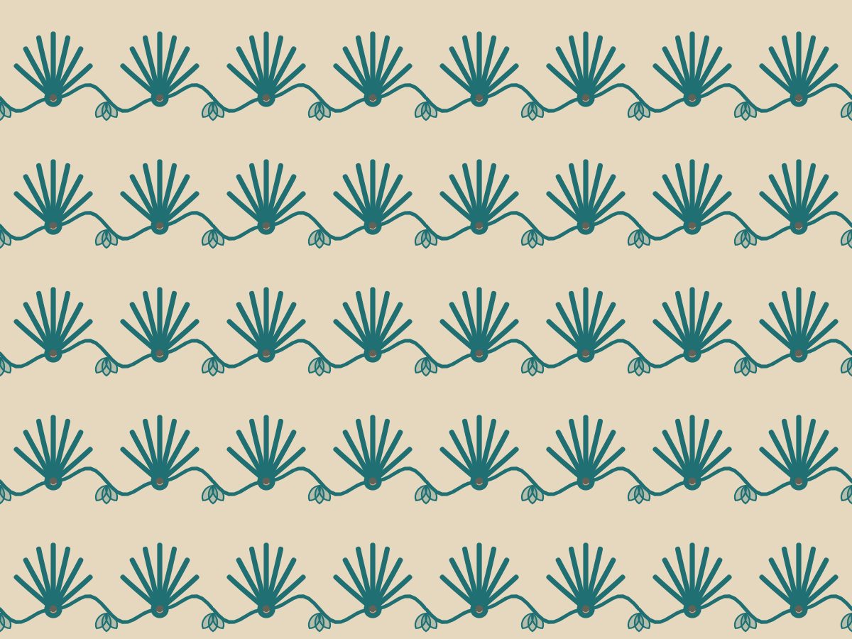 Palmette, Classical collection, seamless repeat pattern shown in Teal on sand