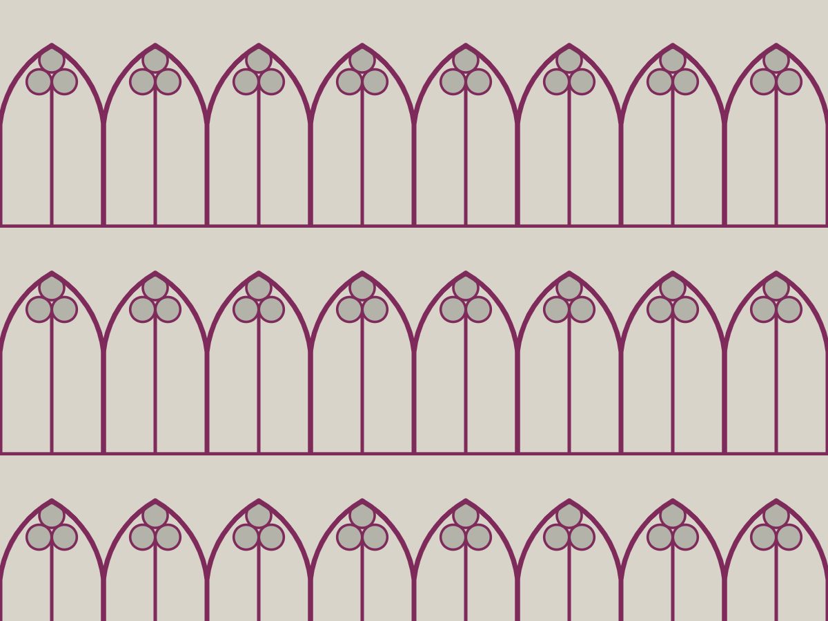 Pointed tracery, Classical collection, seamless repeat pattern shown in Plum on stone