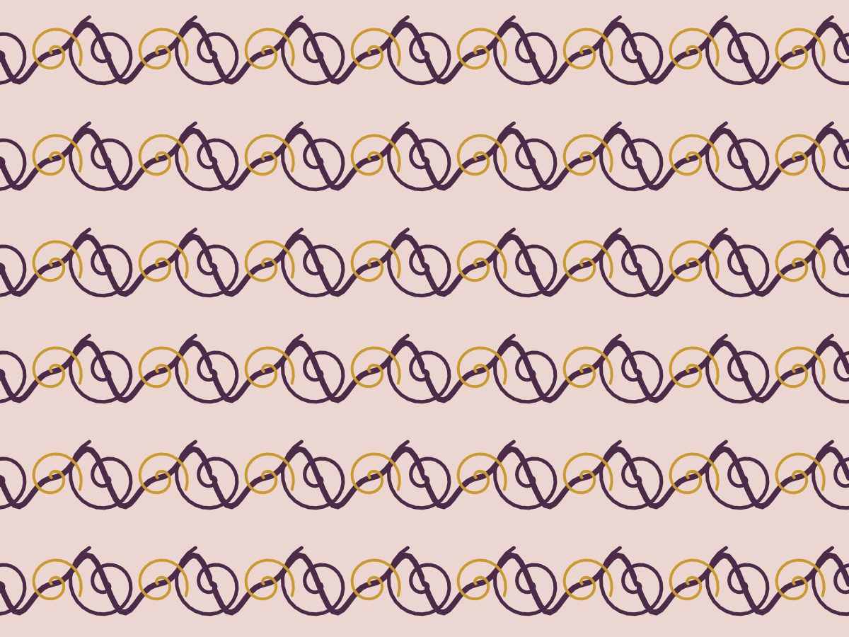 Volute, Classical collection, seamless repeat pattern shown in Aubergine on blush