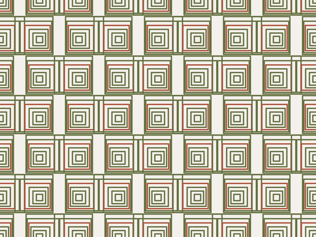 Concentric shift, Contemporary collection, seamless repeat pattern shown in Olive and terracotta