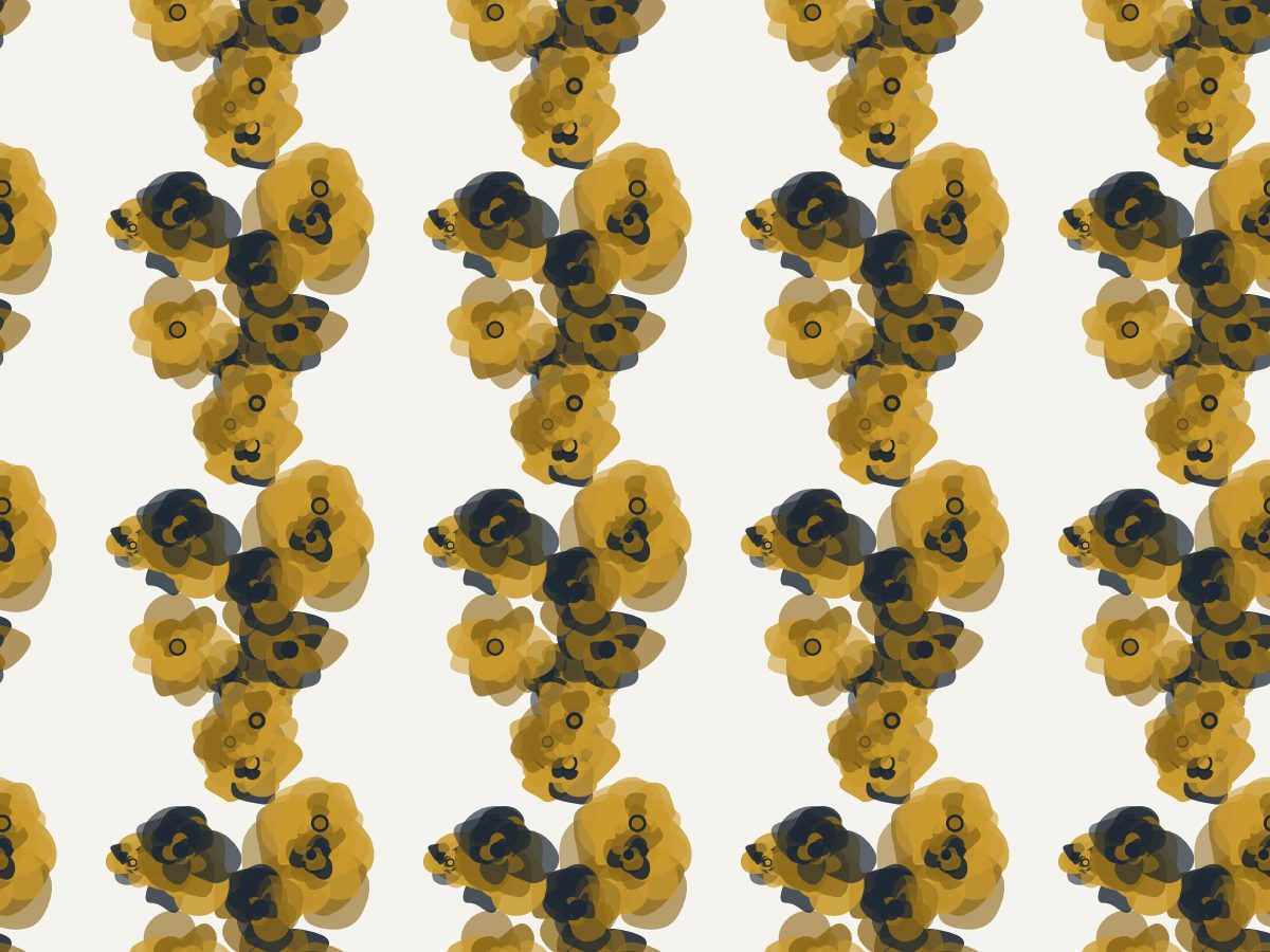 Peony, Flowers collection, seamless repeat pattern shown in Ink and brass