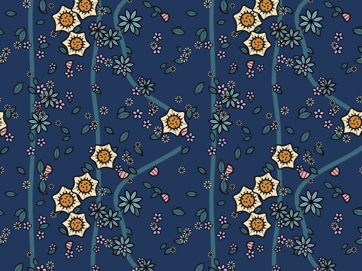 Indigo, Folk Garden collection, seamless repeat pattern shown in Indigo