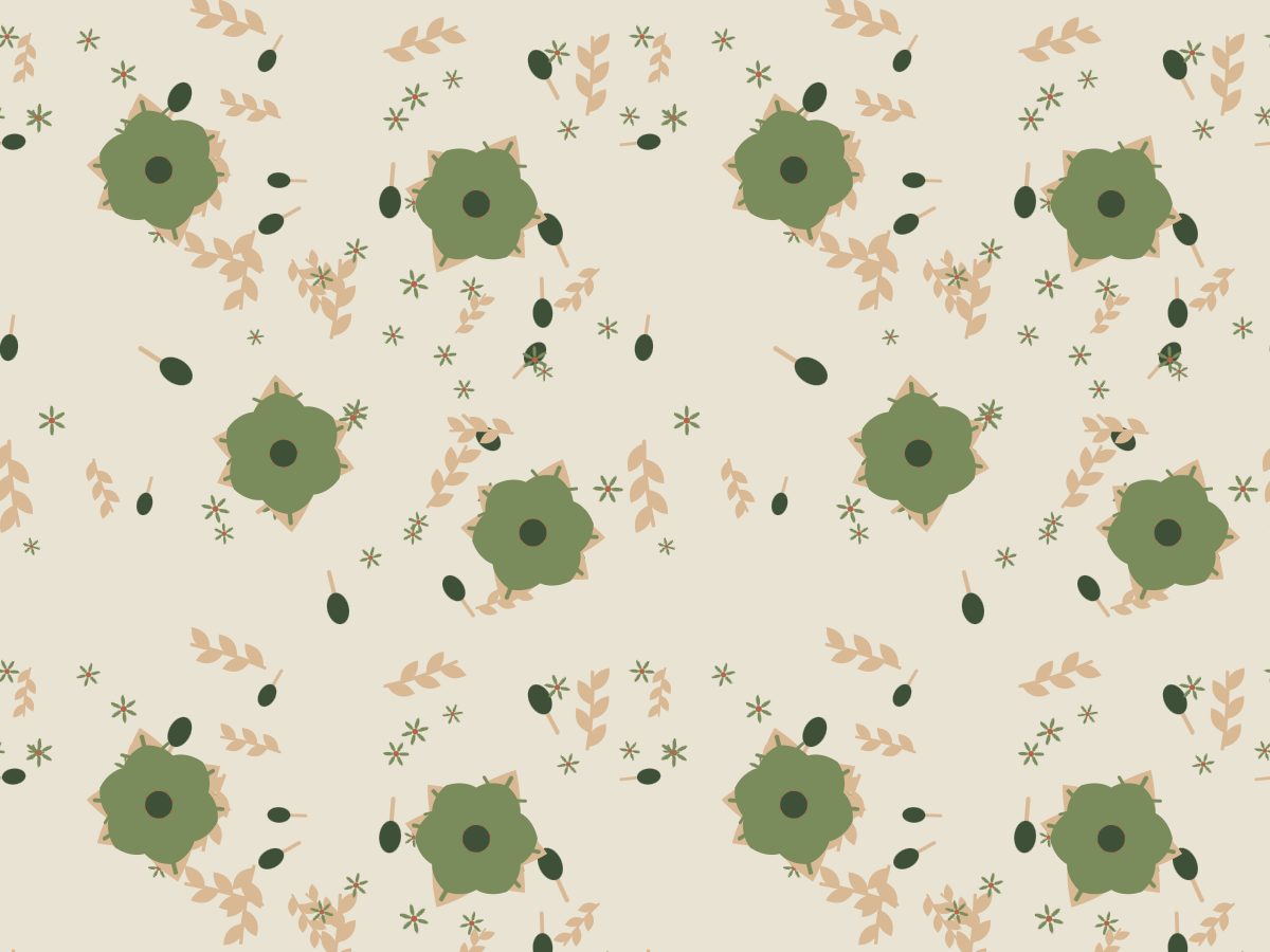 Anemone, Garden collection, seamless repeat pattern shown in Moss and clay