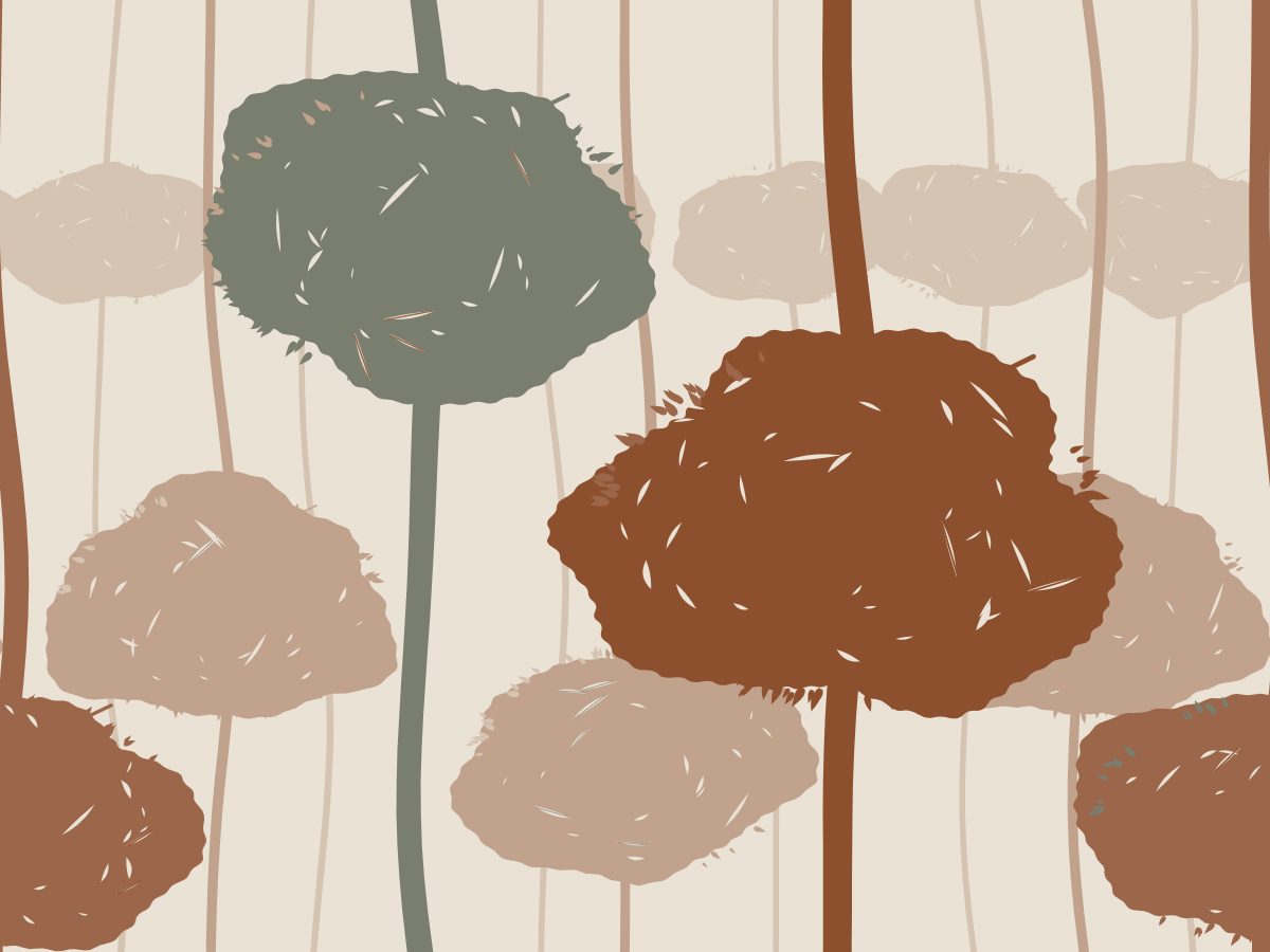 Spreading canopy, Grove collection, seamless repeat pattern shown in Oxide on oak