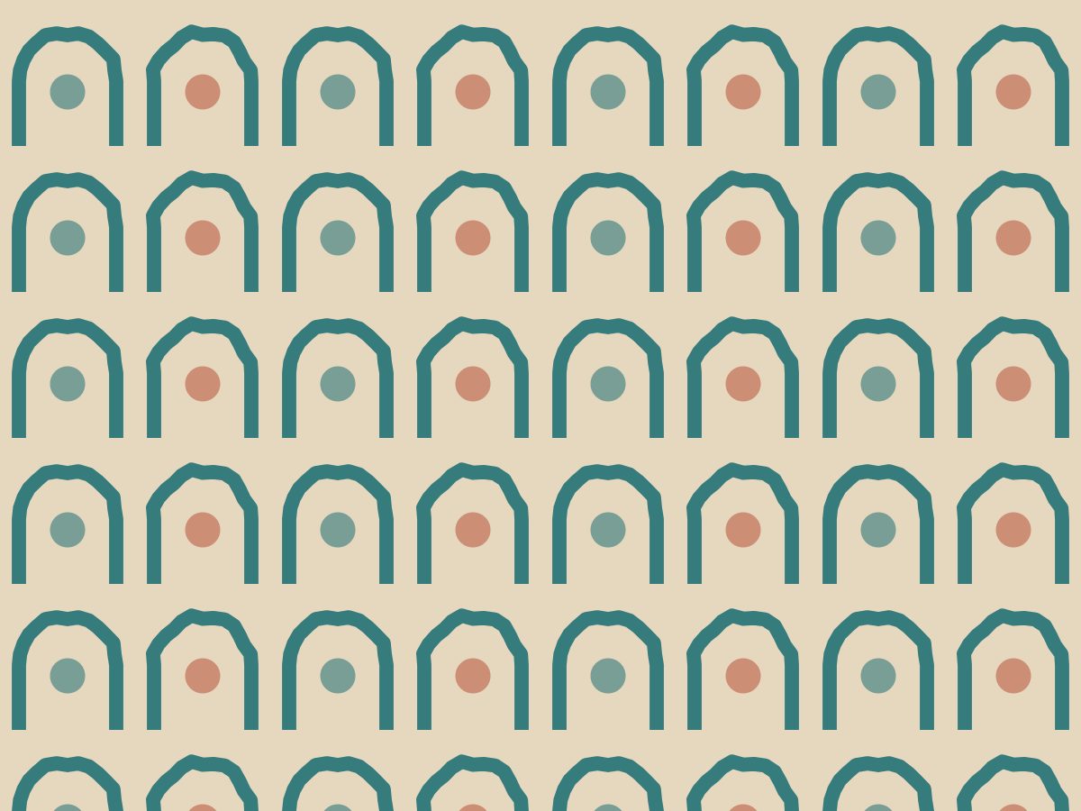Bubble arch, Hand Block collection, seamless repeat pattern shown in Teal on sand
