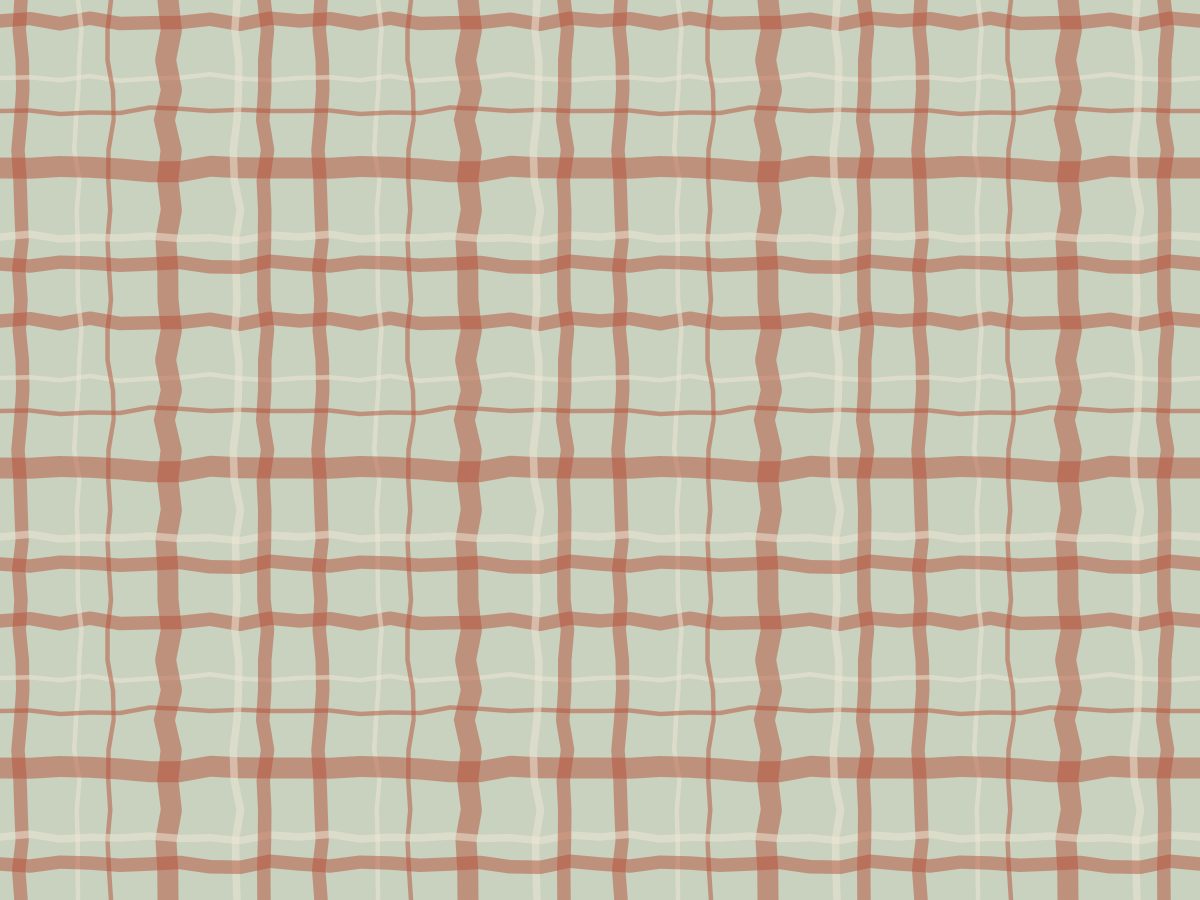 Plaid, Hand Block collection, seamless repeat pattern shown in Terracotta on sage