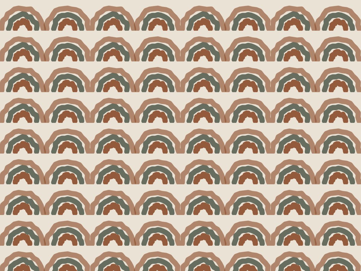 Rainbow, Hand Block collection, seamless repeat pattern shown in Oxide on oak