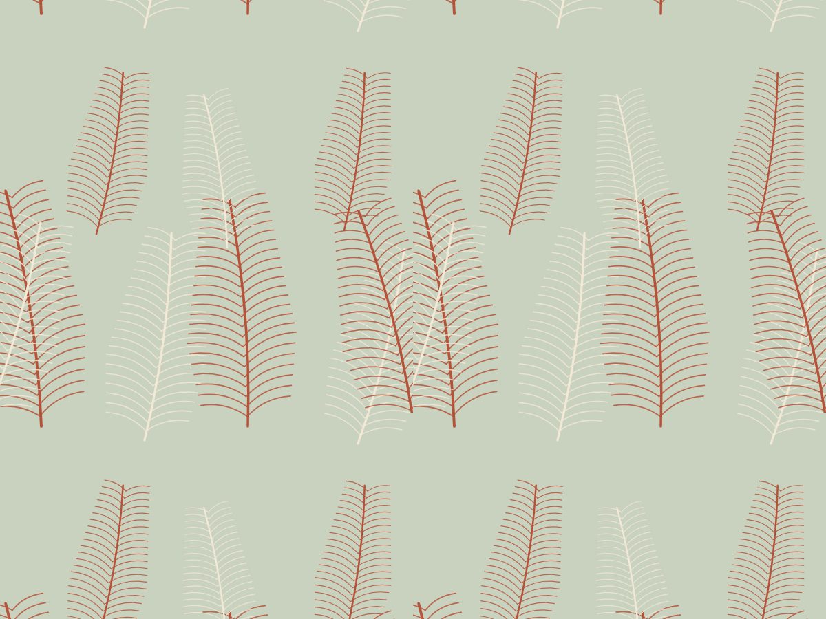 Fern panel, Large Format collection, seamless repeat pattern shown in Terracotta on sage