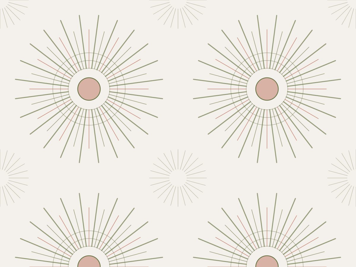Sunburst, Large Format collection, seamless repeat pattern shown in Olive and terracotta