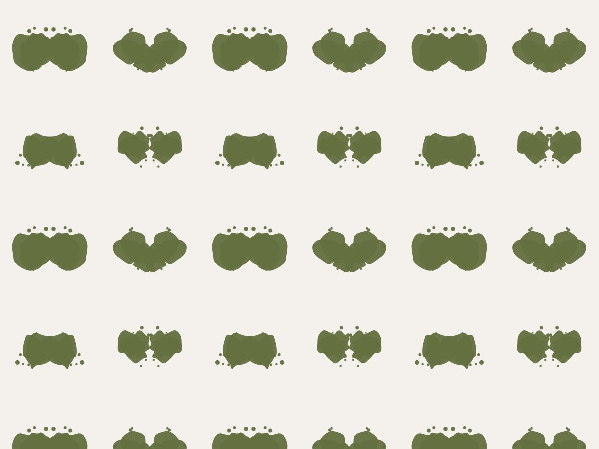 Butterfly, Mirror collection, seamless repeat pattern shown in Olive and terracotta