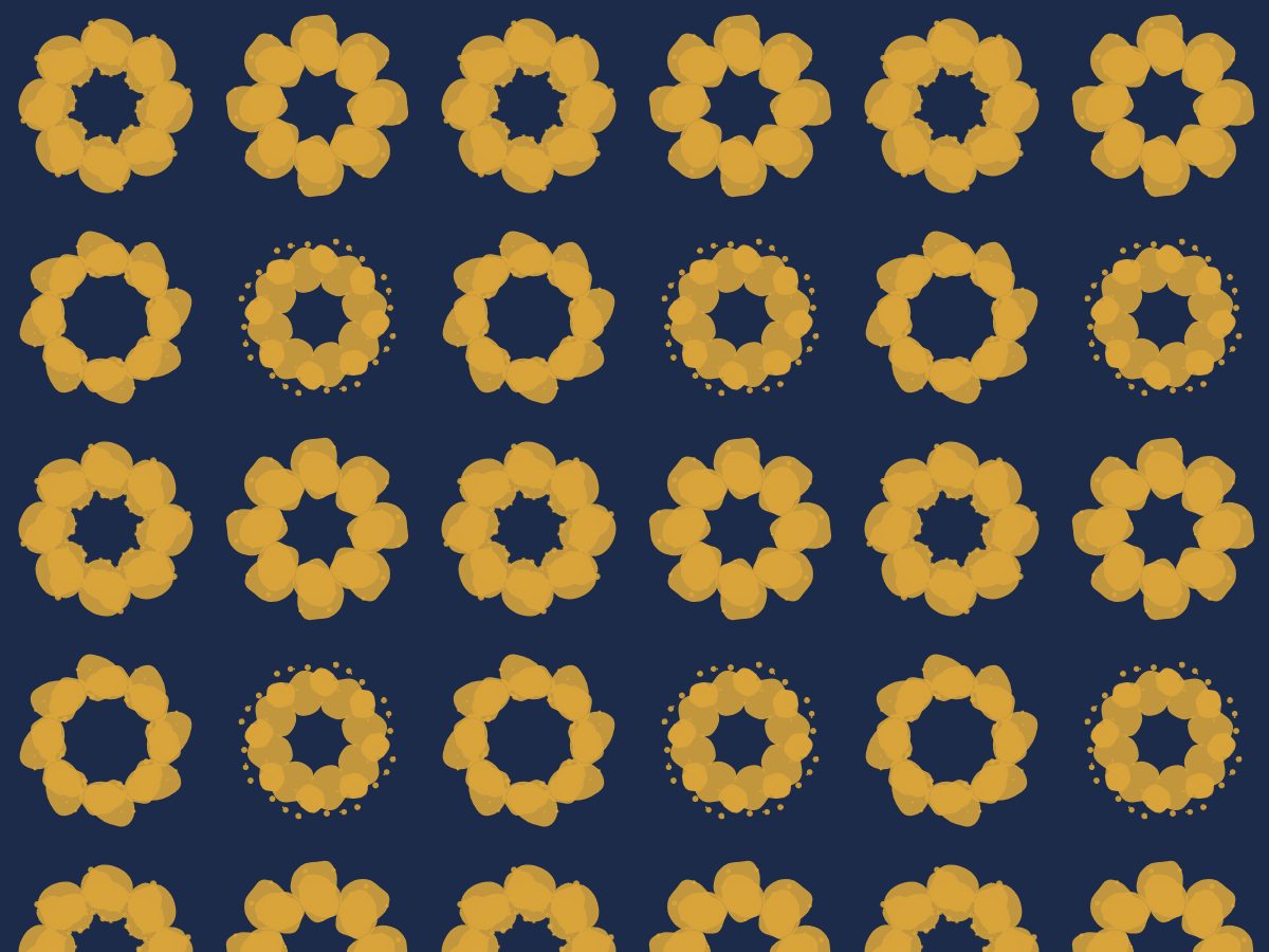 Eightfold, Mirror collection, seamless repeat pattern shown in Ochre on navy