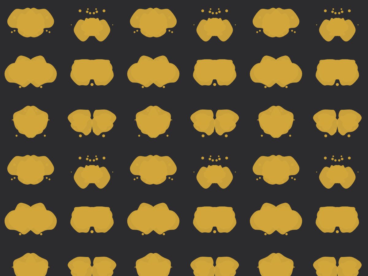 Rorschach, Mirror collection, seamless repeat pattern shown in Mustard on charcoal