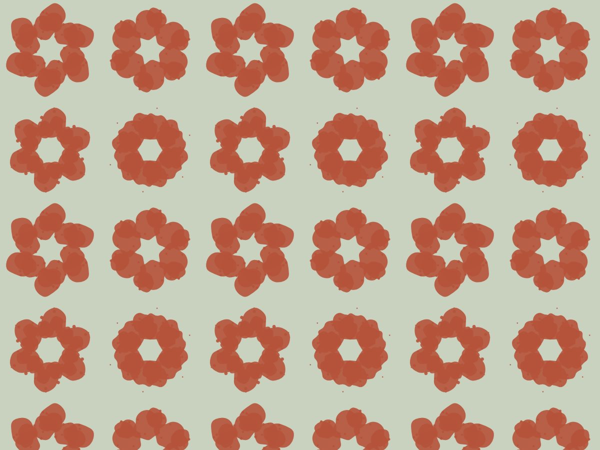 Sixfold, Mirror collection, seamless repeat pattern shown in Terracotta on sage