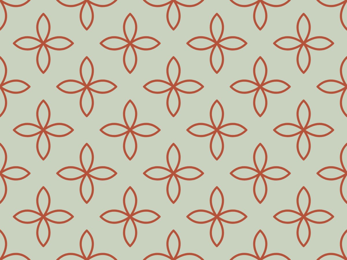 Petal rosette, Nature's Geometry collection, seamless repeat pattern shown in Terracotta on sage
