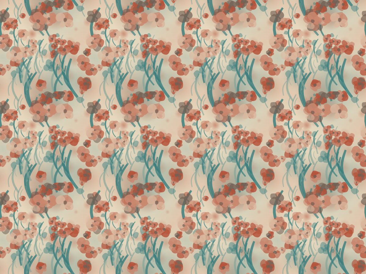 Poppy meadow, Nature's Hand collection, seamless repeat pattern shown in Teal on sand