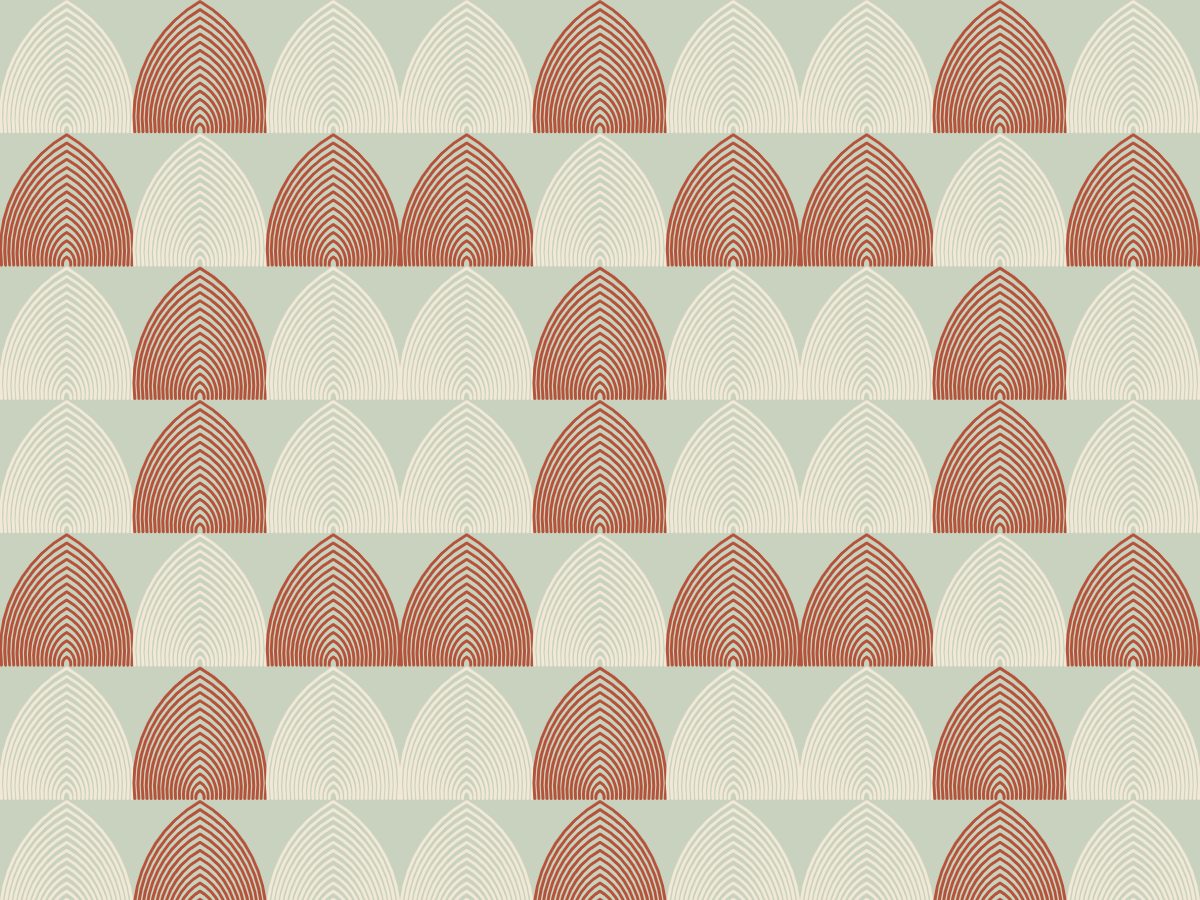 Arch, Optic collection, seamless repeat pattern shown in Terracotta on sage