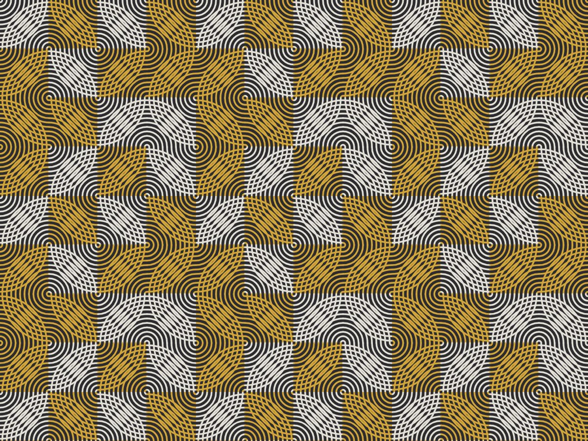 Curl, Optic collection, seamless repeat pattern shown in Mustard on charcoal